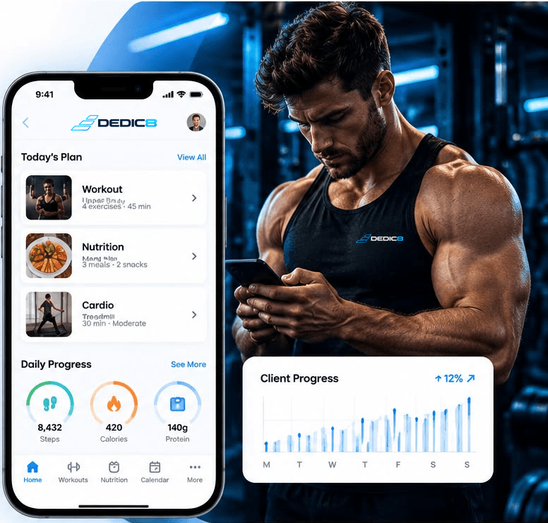 A coach checking the Dedic8 app on his phone, next to the client app showing today's plan